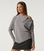 Ribbed Knit Asymmetric Collar Batwing Long Sleeve Casual Top — Dark Mottled Grey — view 3