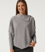 Ribbed Knit Asymmetric Collar Batwing Long Sleeve Casual Top — Dark Mottled Grey — view 1