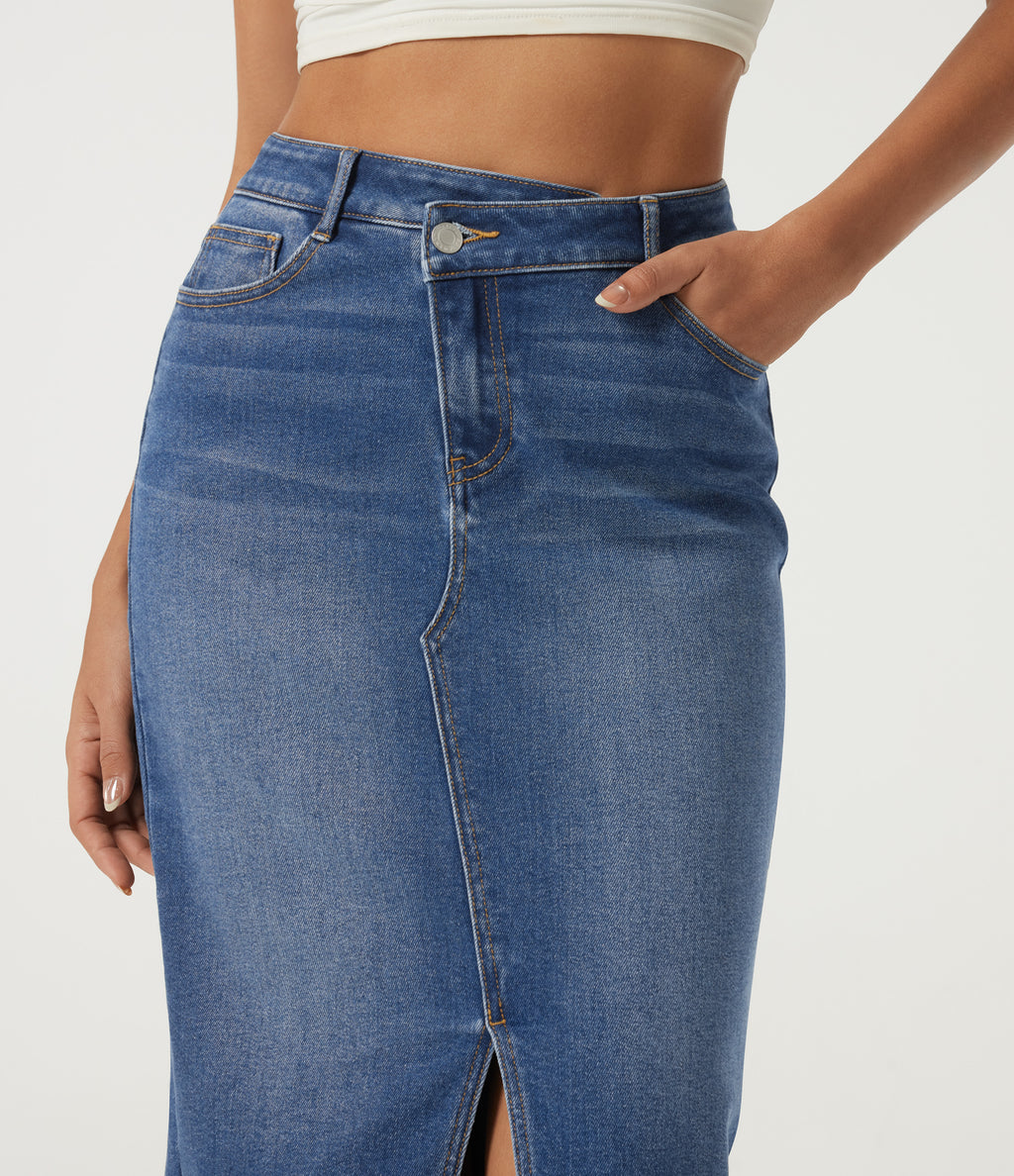 High Waisted Asymmetric Bodycon Casual Midi Skirt with Pockets — Tide Blue Denim — view 4