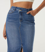 High Waisted Asymmetric Bodycon Casual Midi Skirt with Pockets — Tide Blue Denim — view 4