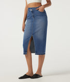 High Waisted Asymmetric Bodycon Casual Midi Skirt with Pockets — Tide Blue Denim — view 3