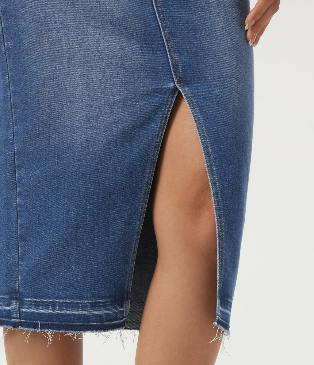 High Waisted Asymmetric Bodycon Casual Midi Skirt with Pockets — Tide Blue Denim — view 6