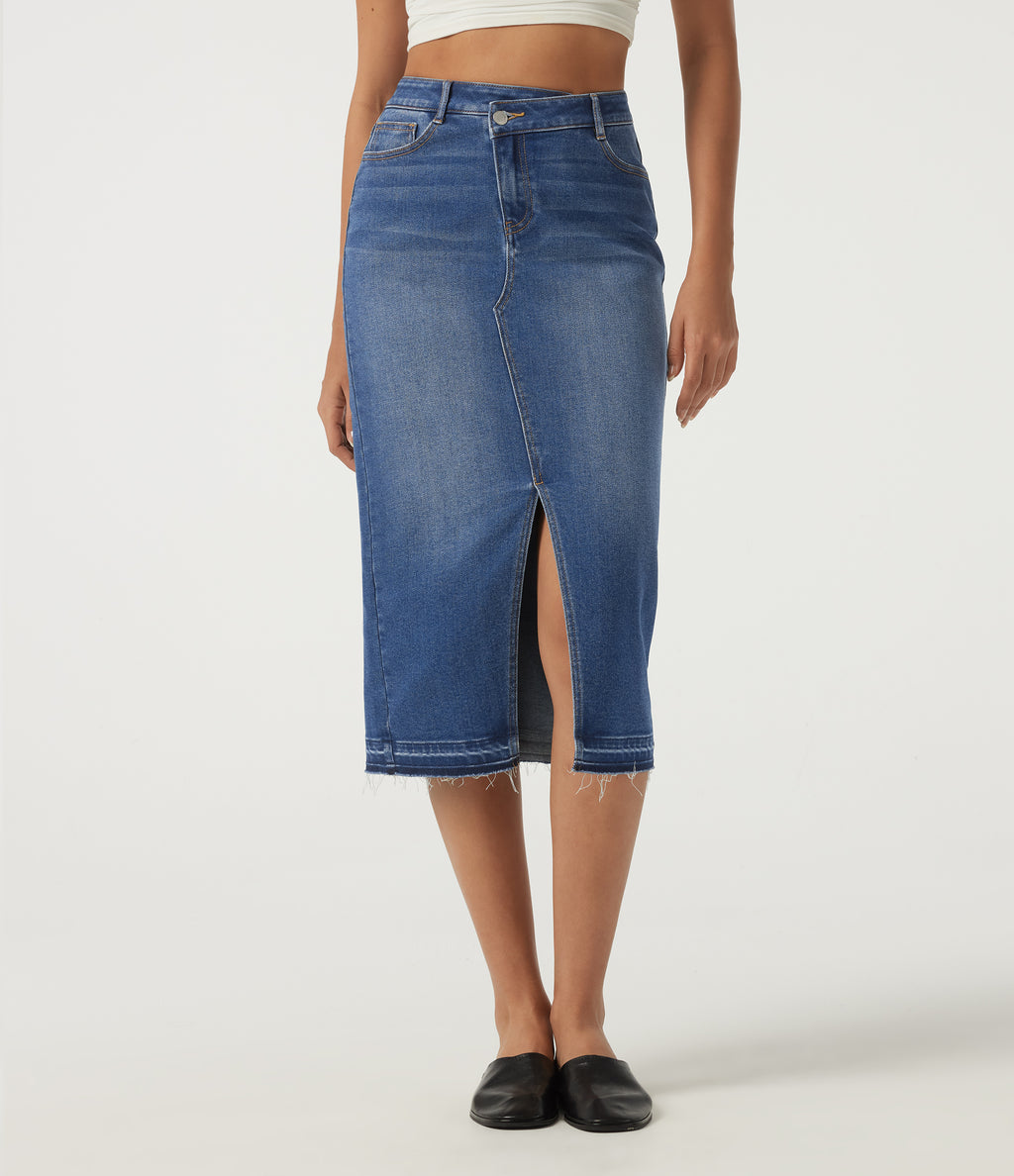 High Waisted Asymmetric Bodycon Casual Midi Skirt with Pockets — Tide Blue Denim — view 1