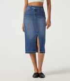 High Waisted Asymmetric Bodycon Casual Midi Skirt with Pockets — Tide Blue Denim — view 1