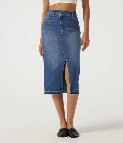 High Waisted Asymmetric Bodycon Casual Midi Skirt with Pockets — Tide Blue Denim — view 1