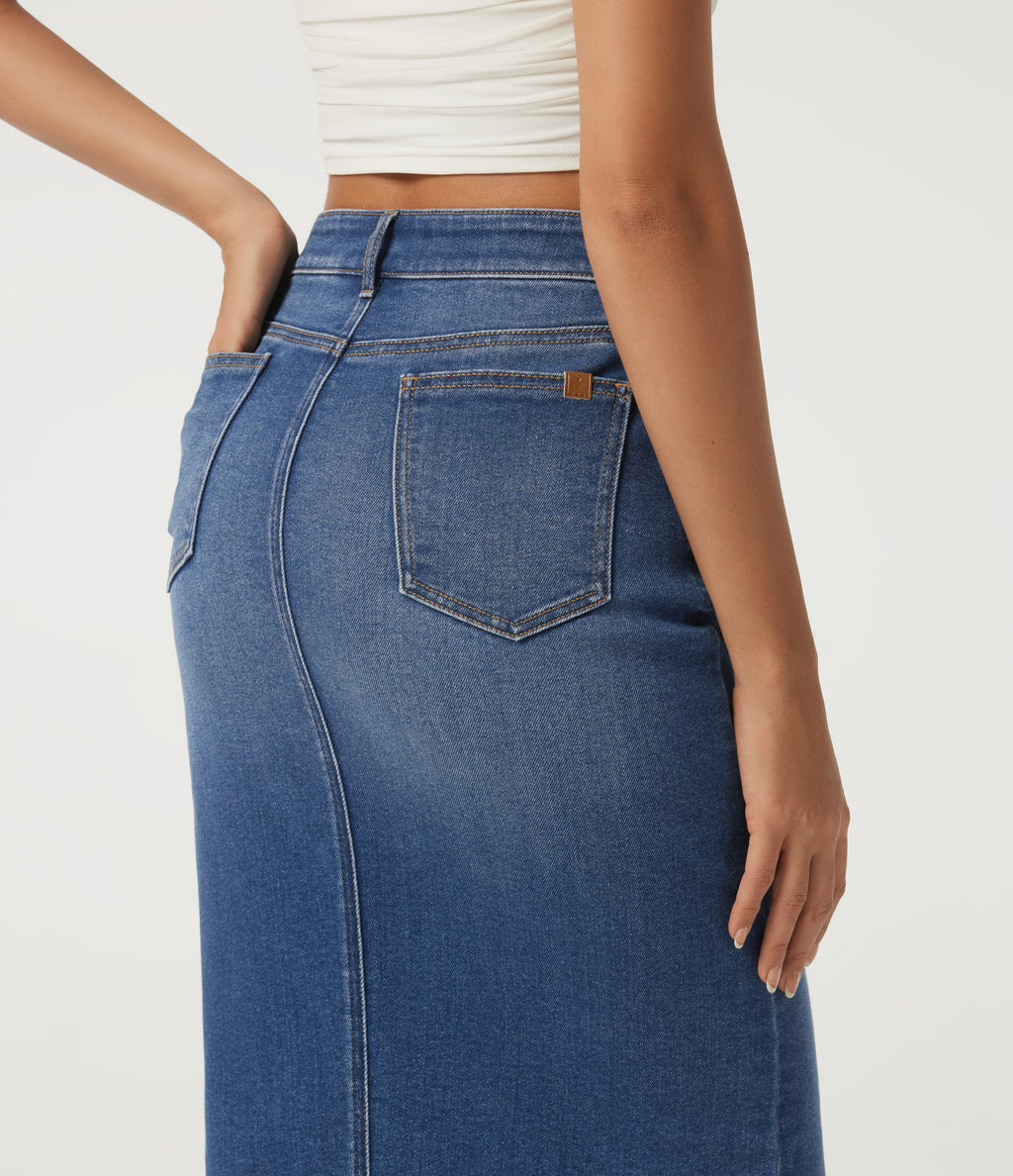 High Waisted Asymmetric Bodycon Casual Midi Skirt with Pockets — Tide Blue Denim — view 5