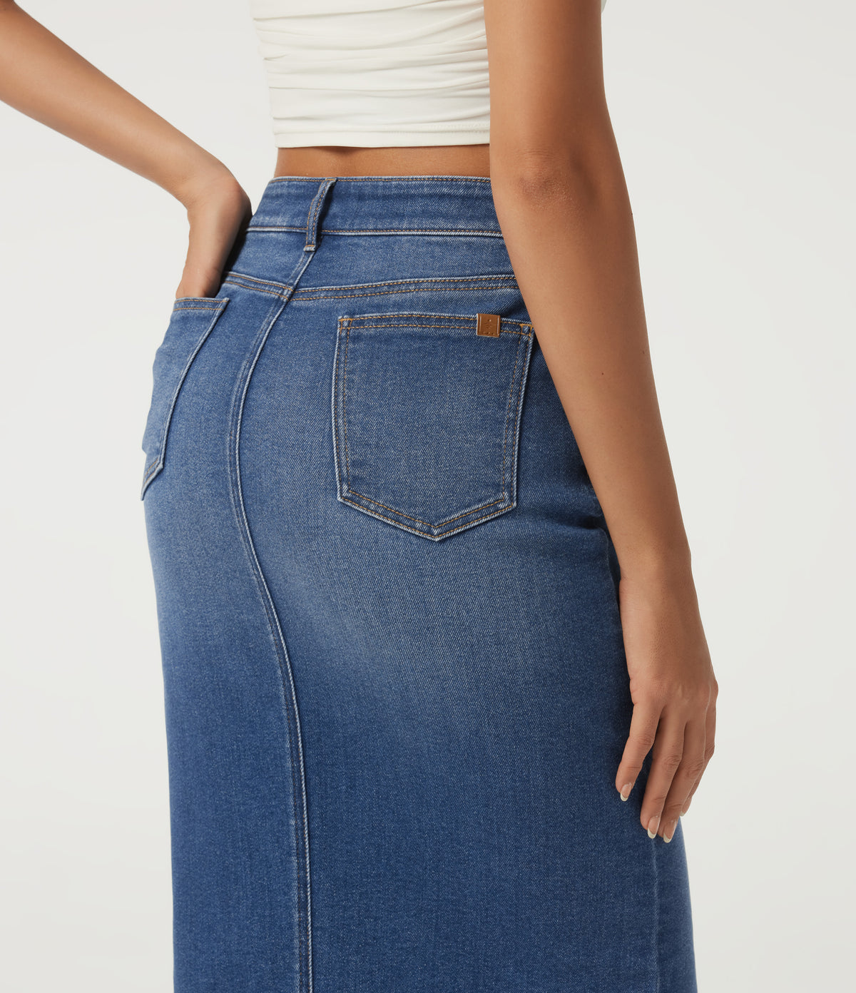 High Waisted Asymmetric Bodycon Casual Midi Skirt with Pockets — Tide Blue Denim — view 5