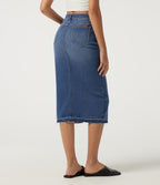 High Waisted Asymmetric Bodycon Casual Midi Skirt with Pockets — Tide Blue Denim — view 2
