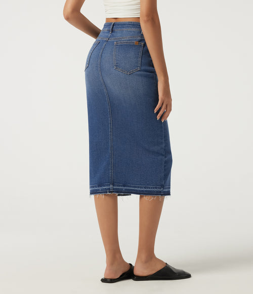 High Waisted Asymmetric Bodycon Casual Midi Skirt with Pockets — Tide Blue Denim — view 2