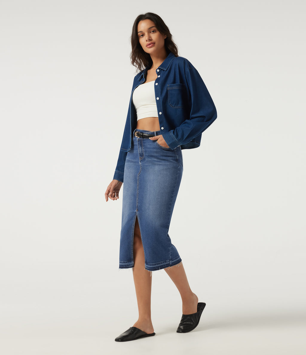 High Waisted Asymmetric Bodycon Casual Midi Skirt with Pockets — Tide Blue Denim — view 7