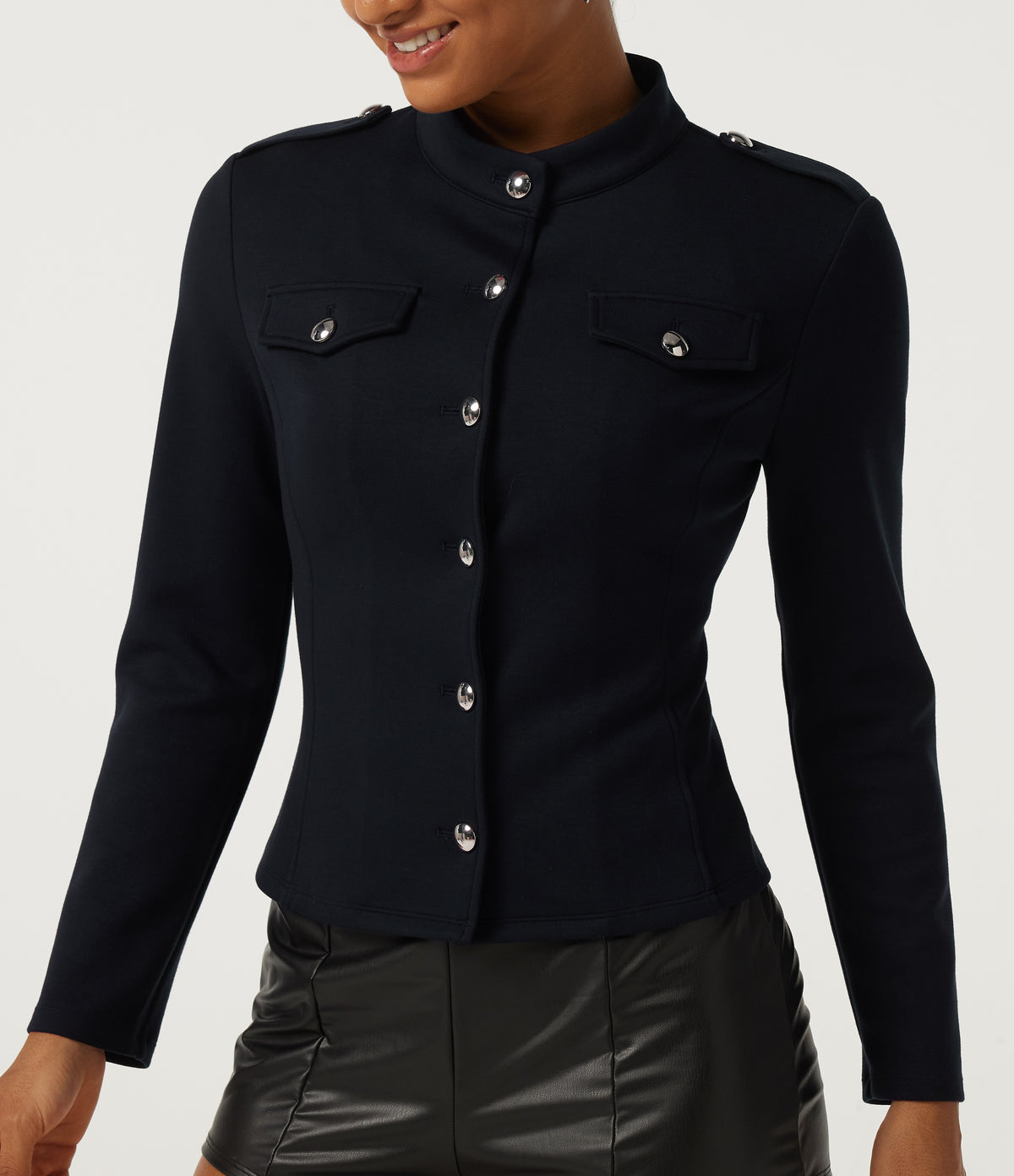 Mock Neck Long Sleeve Open Front Work Jacket — Deep Midnight Blue — view 6