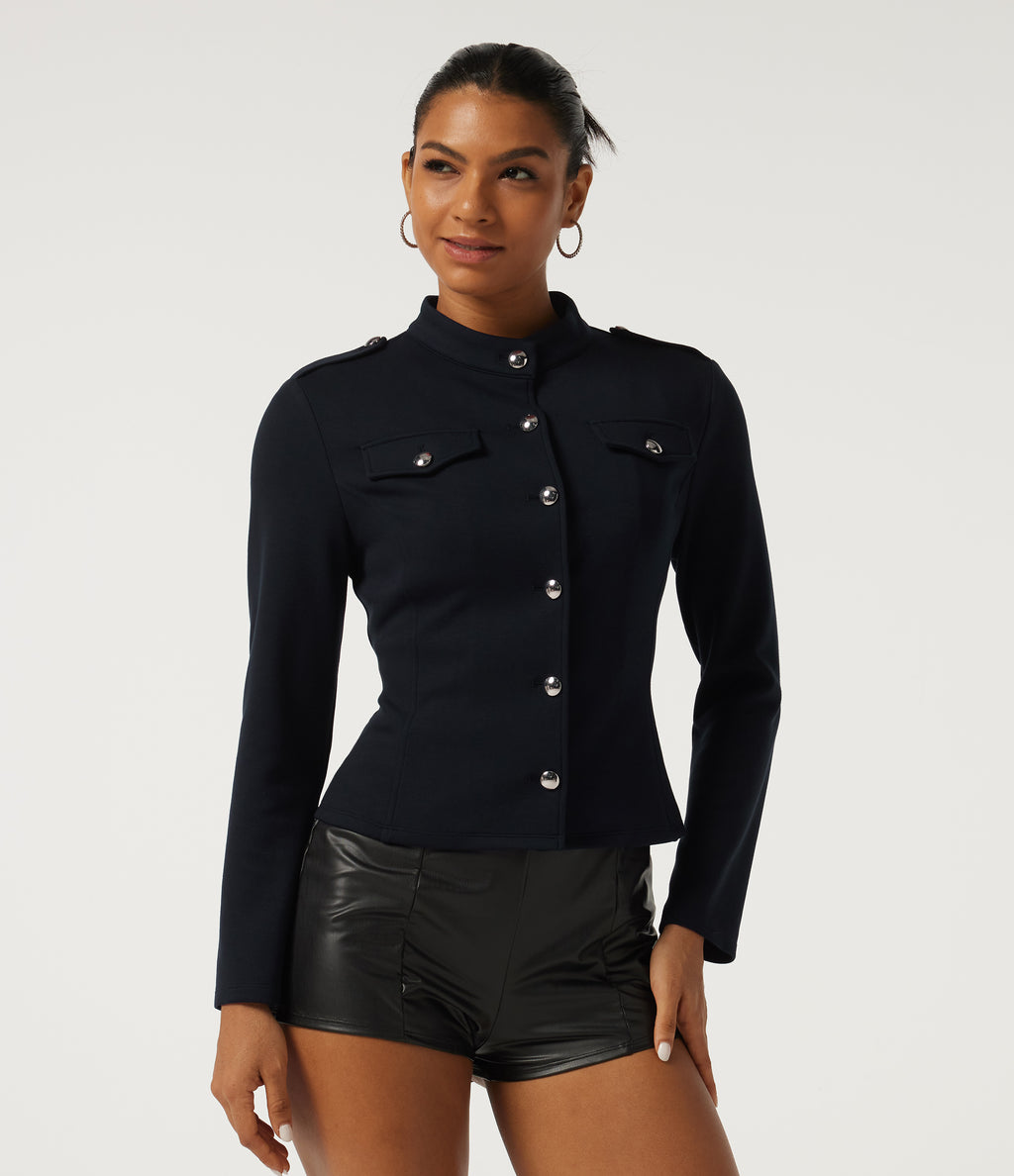 Mock Neck Long Sleeve Open Front Work Jacket — Deep Midnight Blue — view 3