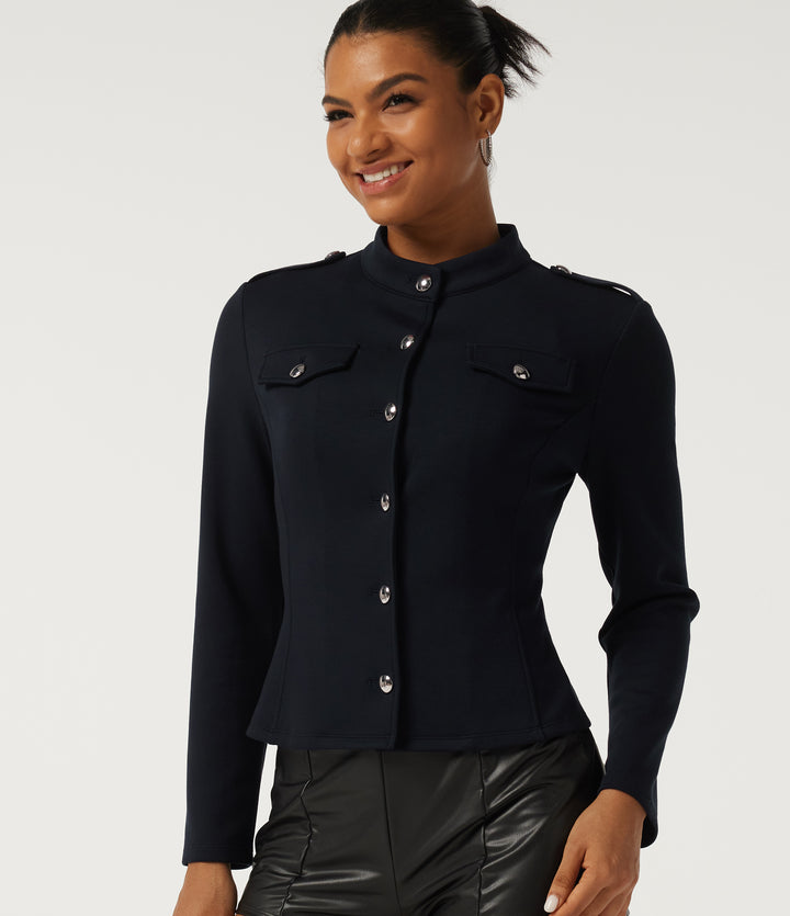 Mock Neck Long Sleeve Open Front Work Jacket — Deep Midnight Blue — view 1