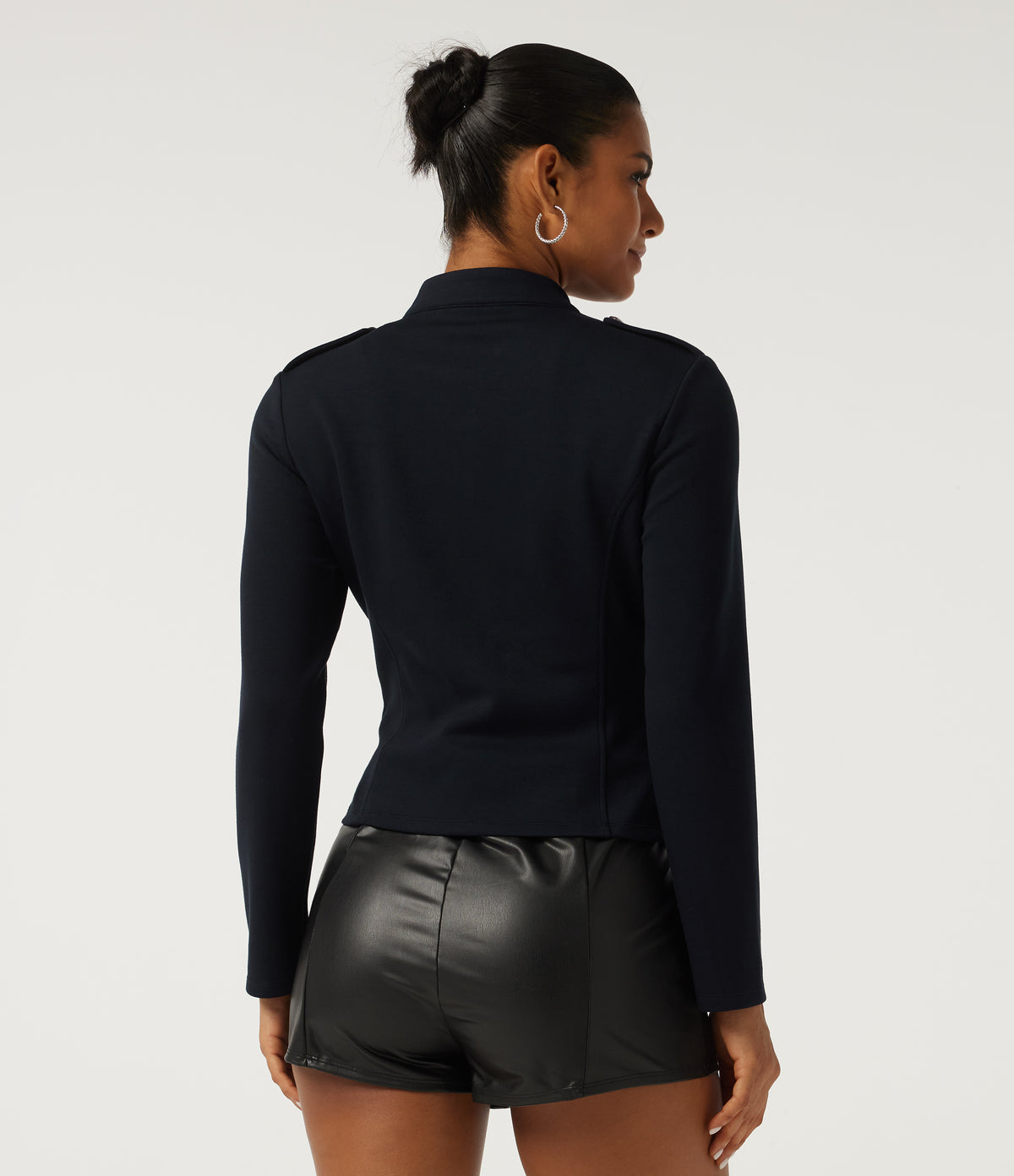 Mock Neck Long Sleeve Open Front Work Jacket — Deep Midnight Blue — view 2