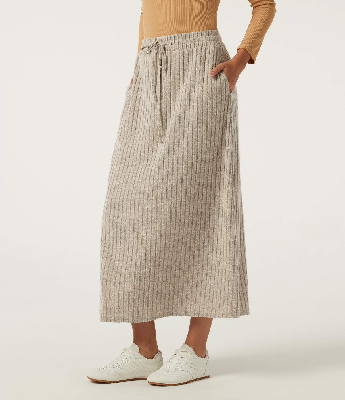 Ribbed Knit High Waisted Drawstring A-Line Casual Midi Skirt with Pockets — Ridge Sand Khaki — view 3