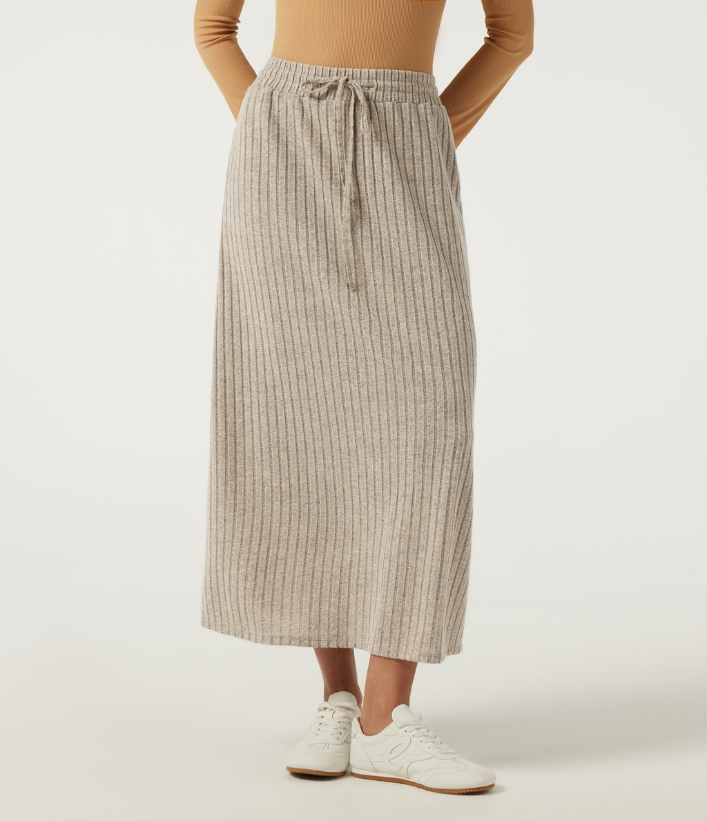 Ribbed Knit High Waisted Drawstring A-Line Casual Midi Skirt with Pockets — Ridge Sand Khaki — view 1