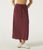 Ribbed Knit High Waisted Drawstring A-Line Casual Midi Skirt with Pockets — Pomegranate — view 6