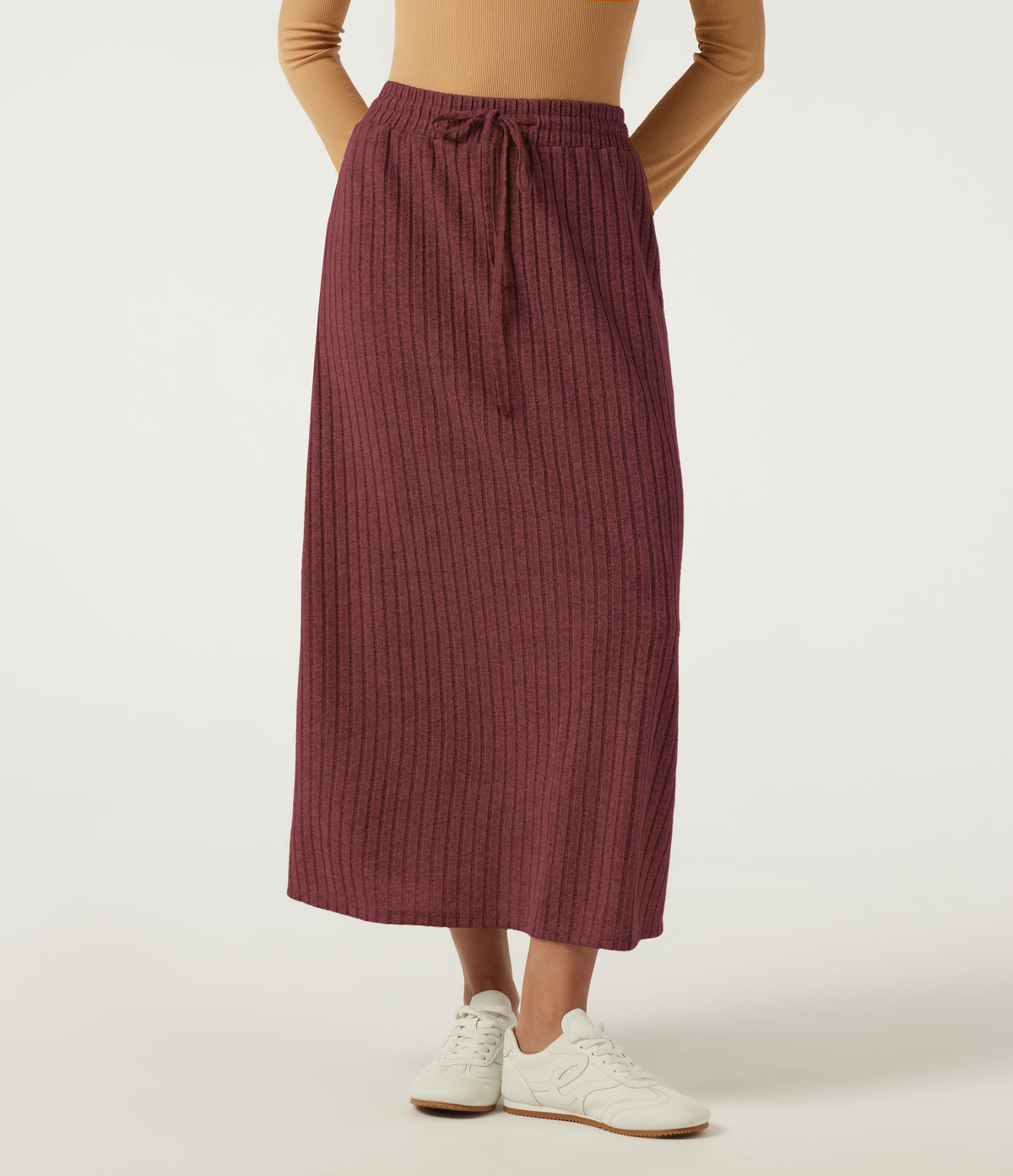 Ribbed Knit High Waisted Drawstring A-Line Casual Midi Skirt with Pockets — Pomegranate — view 6
