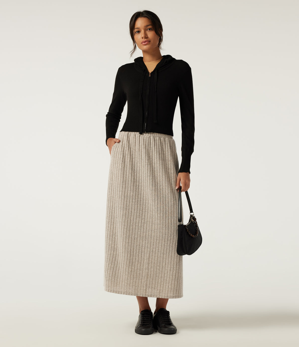 Ribbed Knit High Waisted Drawstring A-Line Casual Midi Skirt with Pockets — Ridge Sand Khaki — view 5