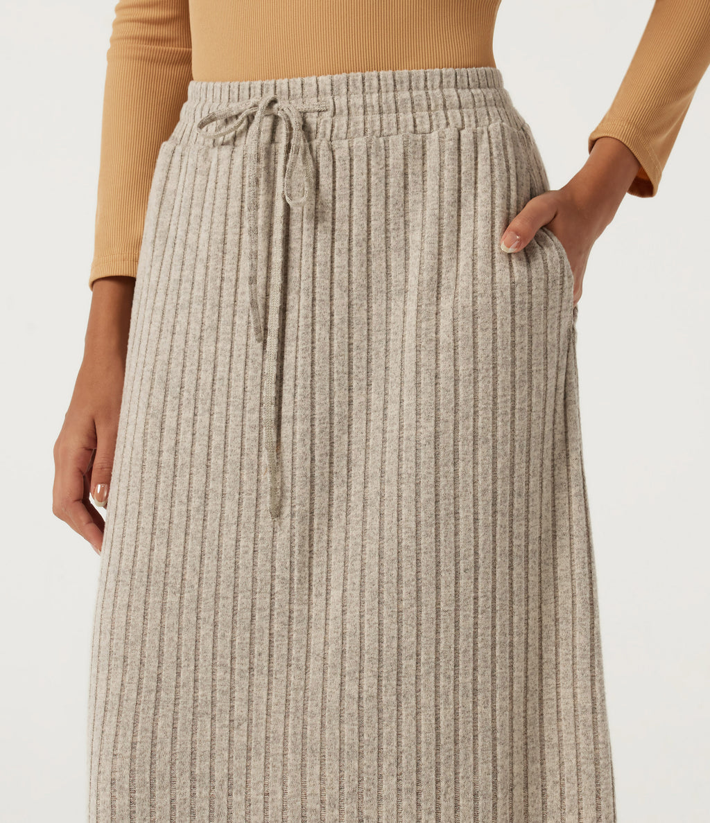 Ribbed Knit High Waisted Drawstring A-Line Casual Midi Skirt with Pockets — Ridge Sand Khaki — view 4