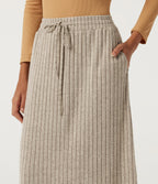Ribbed Knit High Waisted Drawstring A-Line Casual Midi Skirt with Pockets — Ridge Sand Khaki — view 4