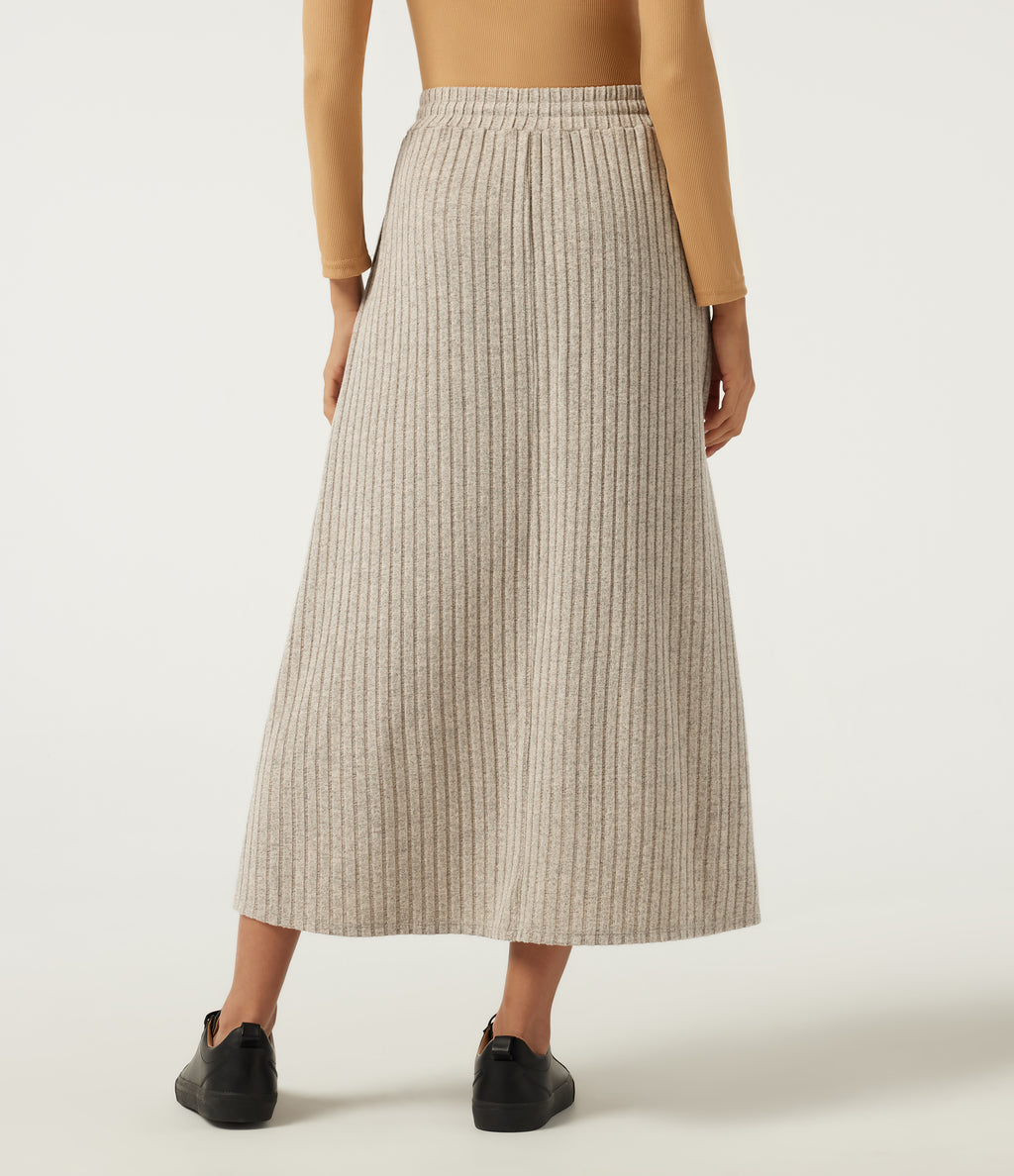 Ribbed Knit High Waisted Drawstring A-Line Casual Midi Skirt with Pockets — Ridge Sand Khaki — view 2