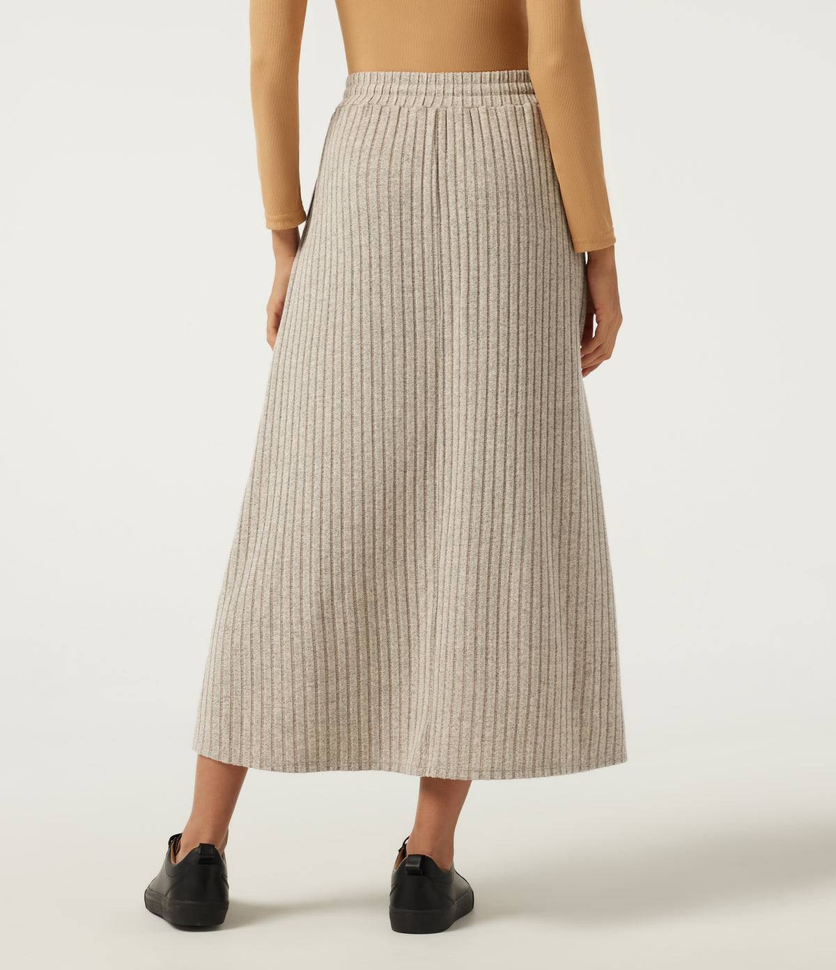 Ribbed Knit High Waisted Drawstring A-Line Casual Midi Skirt with Pockets — Ridge Sand Khaki — view 2