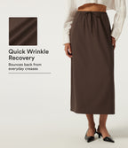 Wrinkle Recovery High Waisted Drawstring Work Midi Skirt with Pockets — Chestnut — view 1