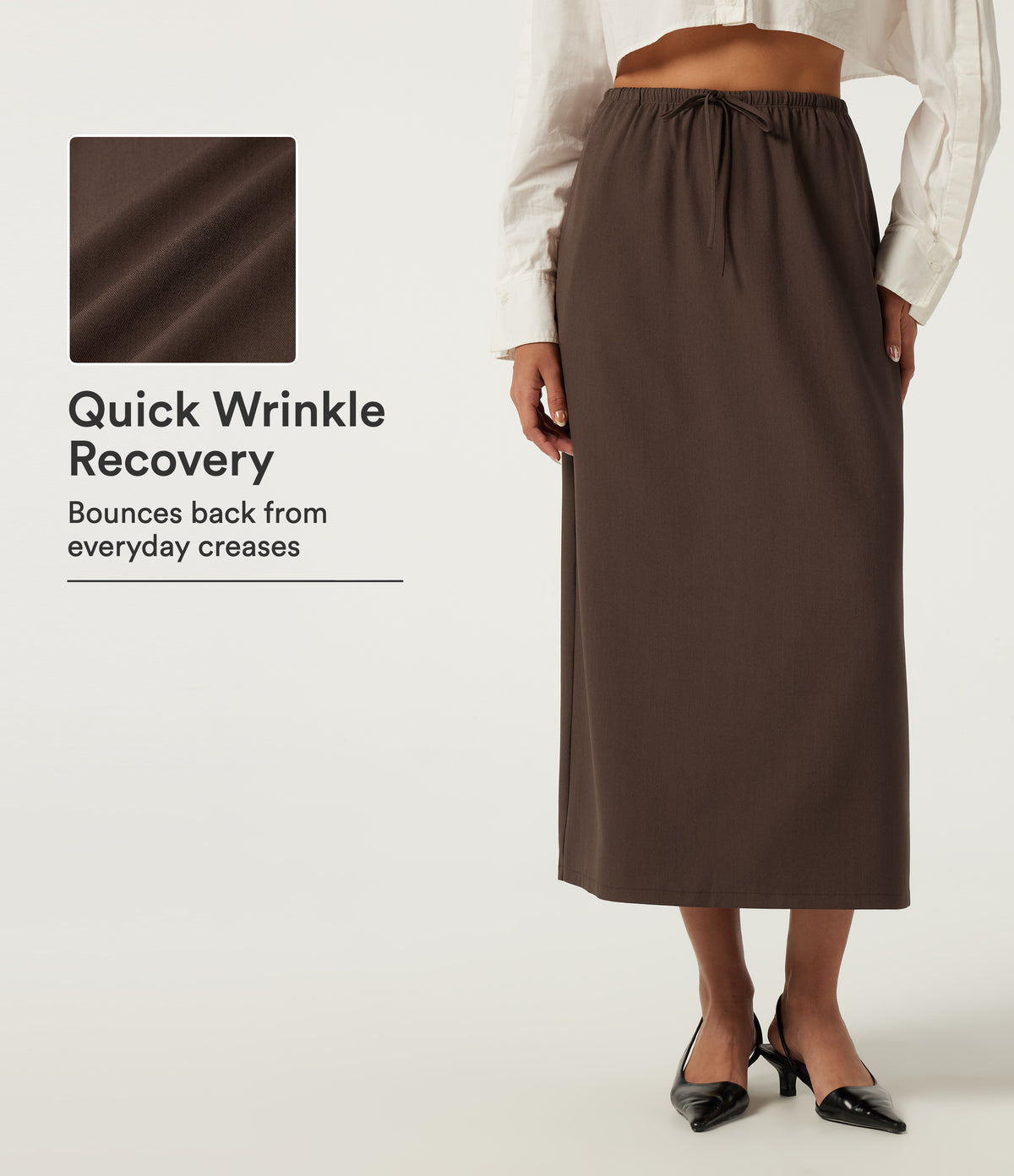 Wrinkle Recovery High Waisted Drawstring Work Midi Skirt with Pockets — Chestnut — view 1