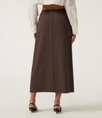 Wrinkle Recovery High Waisted Drawstring Work Midi Skirt with Pockets — Chestnut — view 2