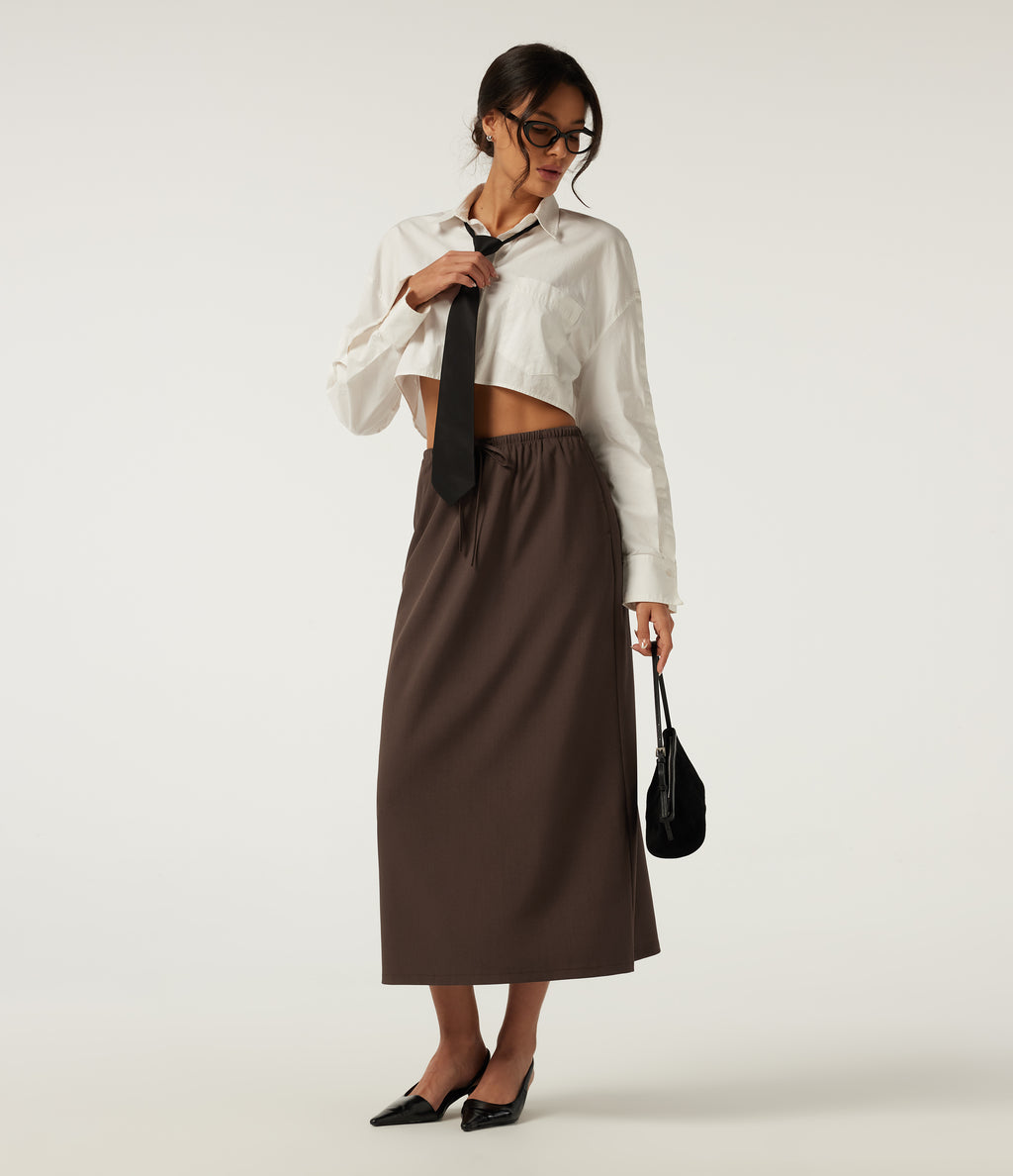 Wrinkle Recovery High Waisted Drawstring Work Midi Skirt with Pockets — Chestnut — view 5