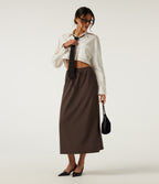 Wrinkle Recovery High Waisted Drawstring Work Midi Skirt with Pockets — Chestnut — view 5
