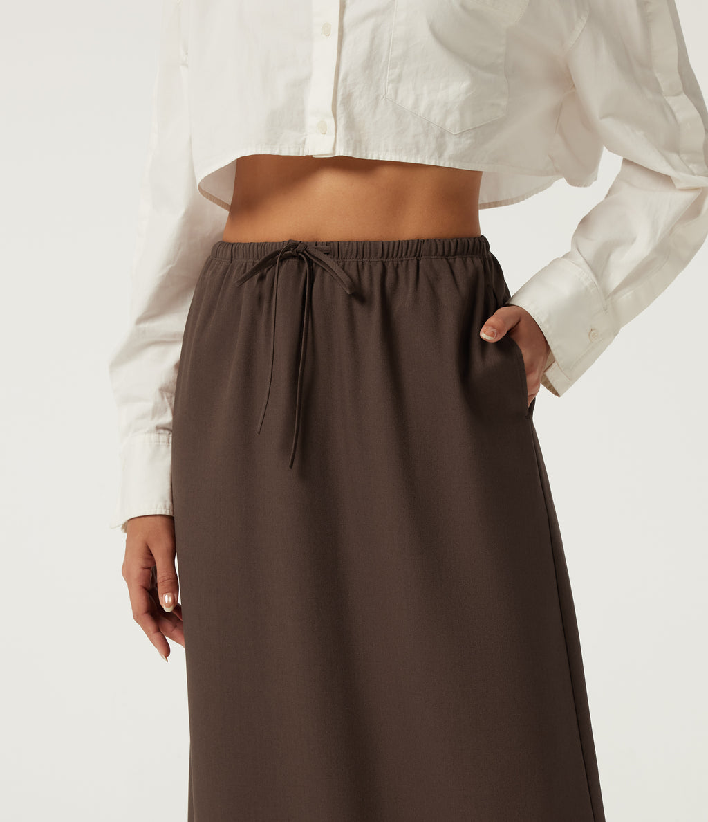Wrinkle Recovery High Waisted Drawstring Work Midi Skirt with Pockets — Chestnut — view 4