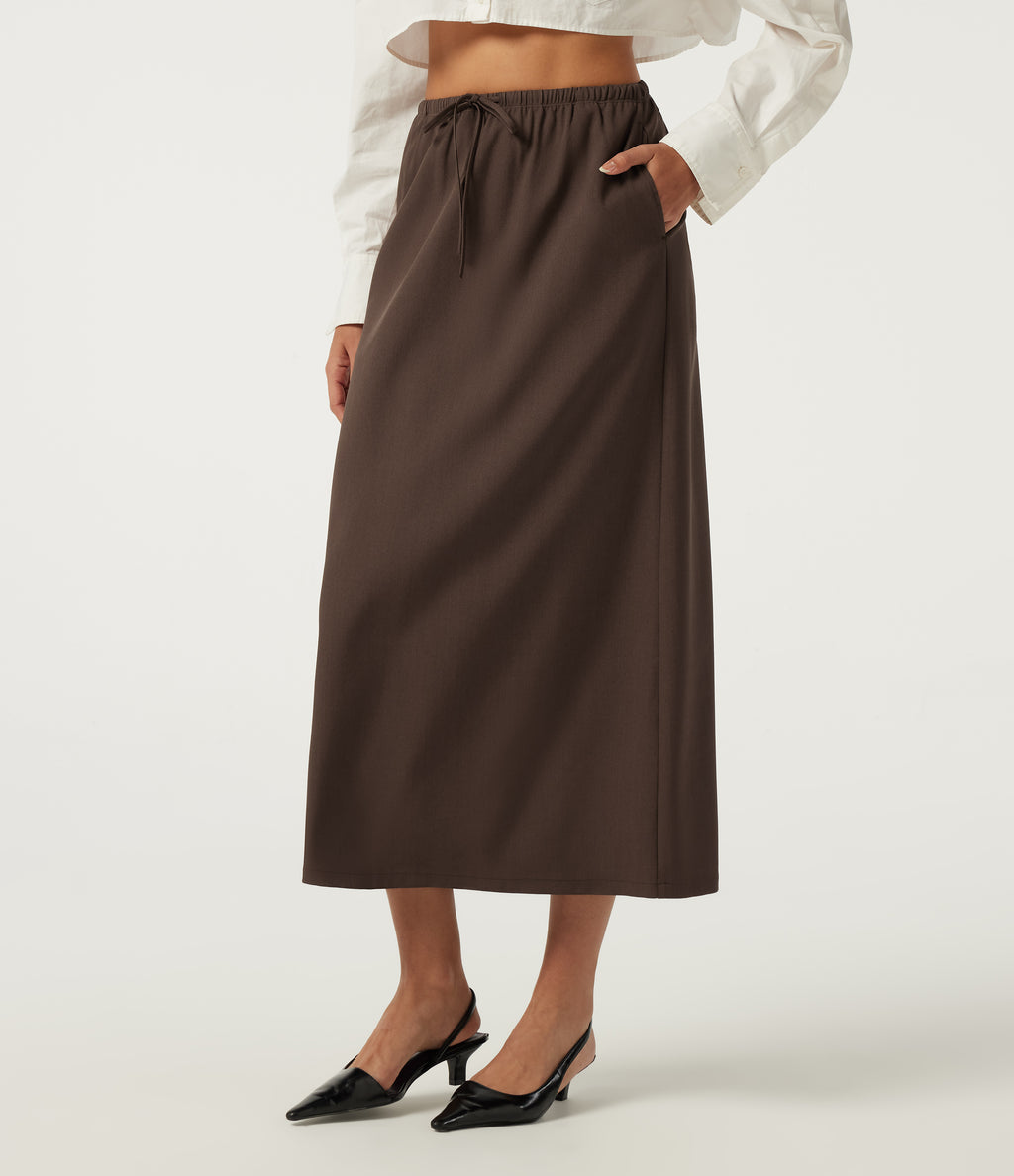 Wrinkle Recovery High Waisted Drawstring Work Midi Skirt with Pockets — Chestnut — view 3