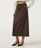 Wrinkle Recovery High Waisted Drawstring Work Midi Skirt with Pockets — Chestnut — view 3
