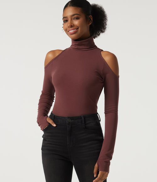 High Neck Cold Shoulder Long Sleeve Cut Out Casual Top with Thumb Holes — Dark Chestnut — view 1