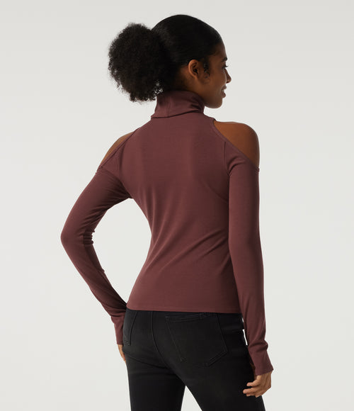 High Neck Cold Shoulder Long Sleeve Cut Out Casual Top with Thumb Holes — Dark Chestnut — view 2