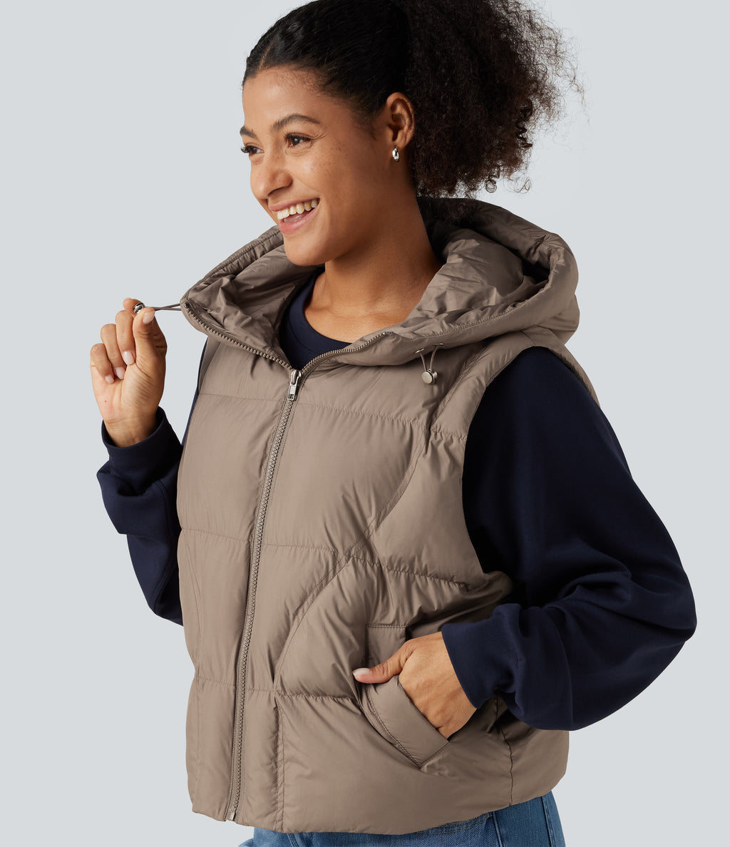 Hooded Casual Padded Vest with Pockets — Stucco — view 5