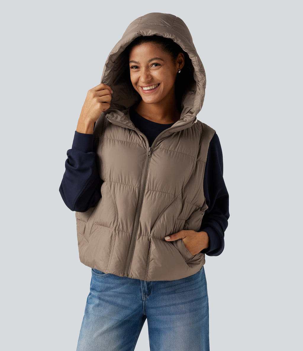 Hooded Casual Padded Vest with Pockets — Stucco — view 1