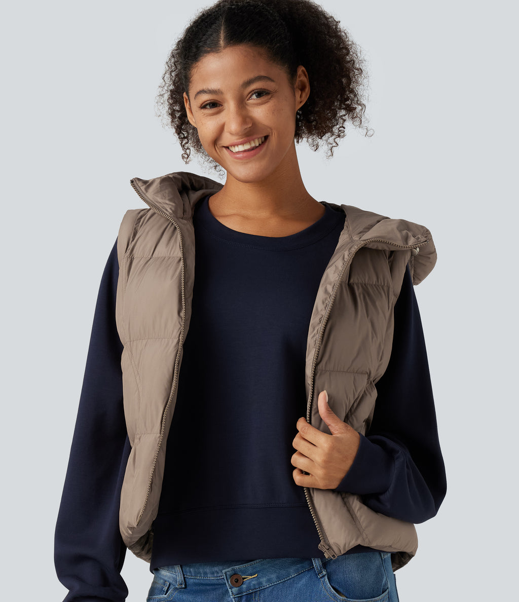 Hooded Casual Padded Vest with Pockets — Stucco — view 4