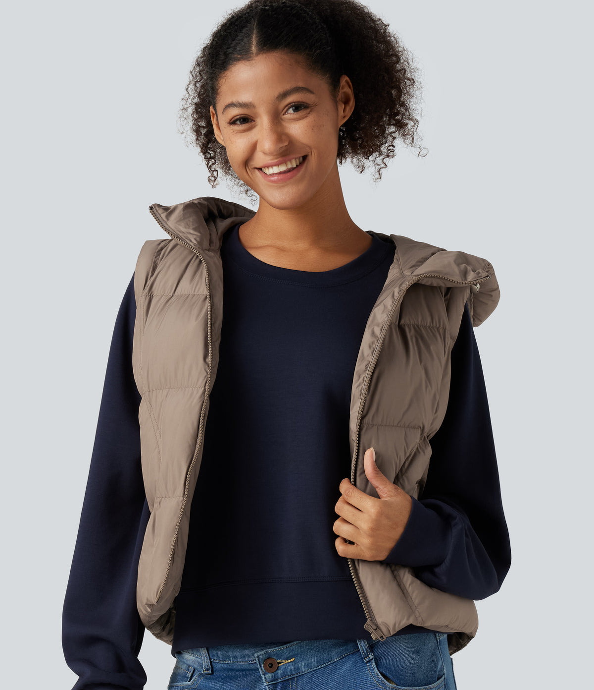 Hooded Casual Padded Vest with Pockets — Stucco — view 4