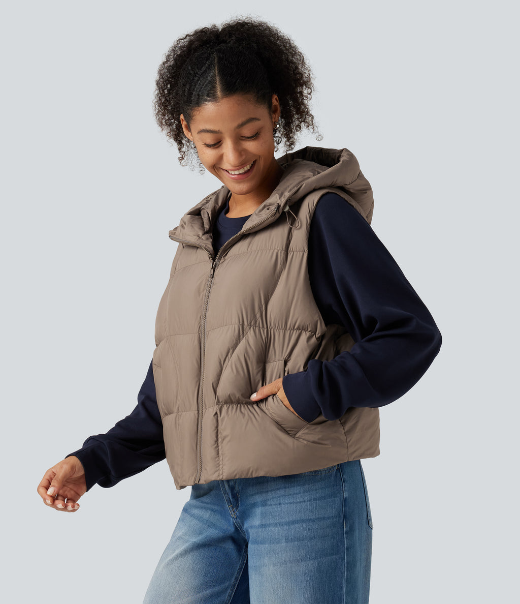 Hooded Casual Padded Vest with Pockets — Stucco — view 3