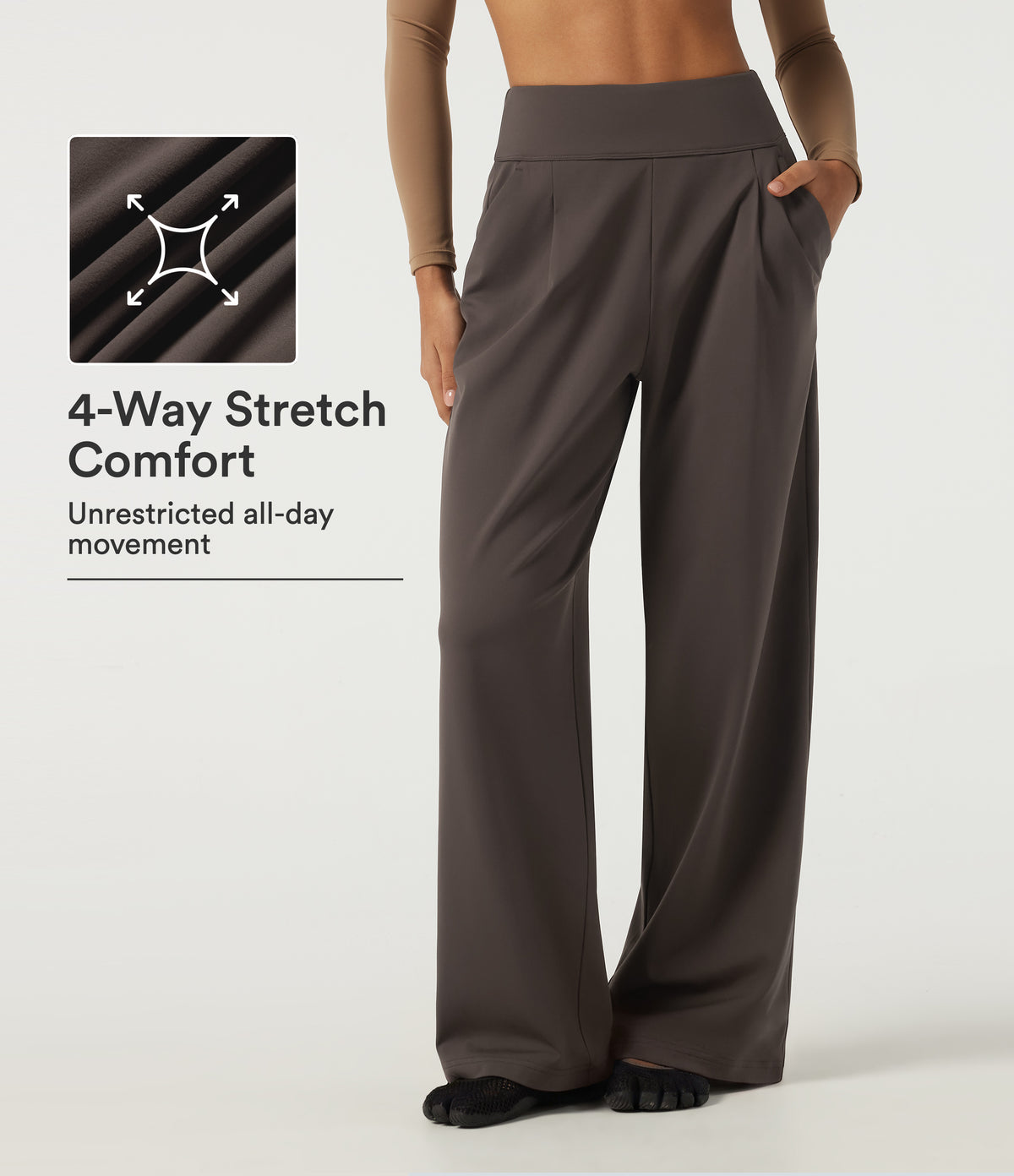 High Waisted Wide Leg Yoga Trousers with Pockets — Chocolate Brown — view 1