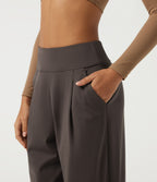 High Waisted Wide Leg Yoga Trousers with Pockets — Chocolate Brown — view 5