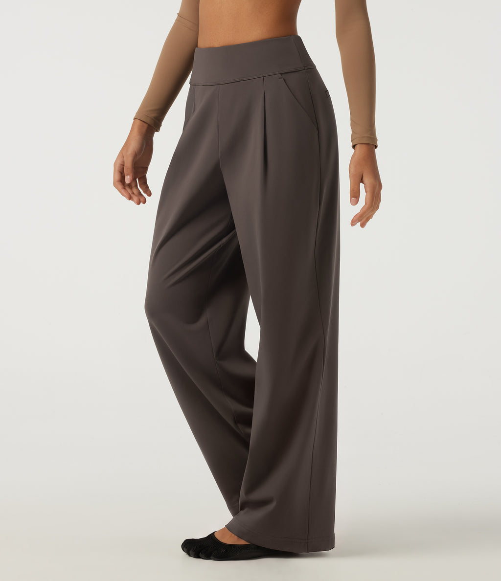 High Waisted Wide Leg Yoga Trousers with Pockets — Chocolate Brown — view 3