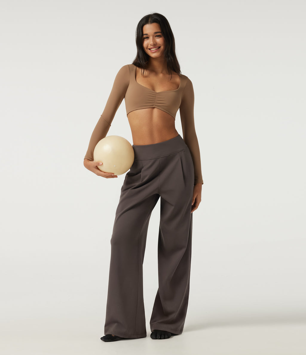 High Waisted Wide Leg Yoga Trousers with Pockets — Chocolate Brown — view 6