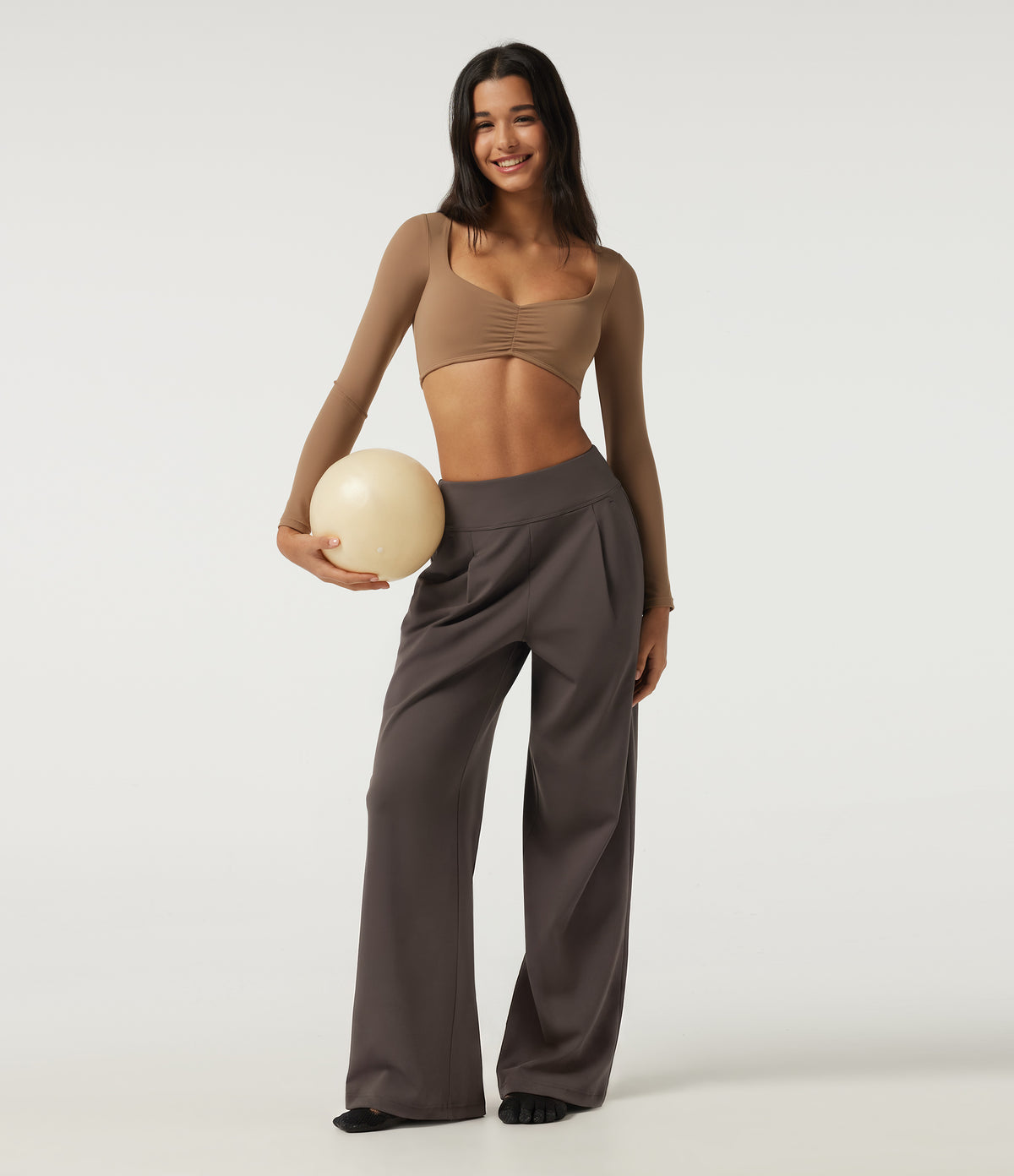 High Waisted Wide Leg Yoga Trousers with Pockets — Chocolate Brown — view 6