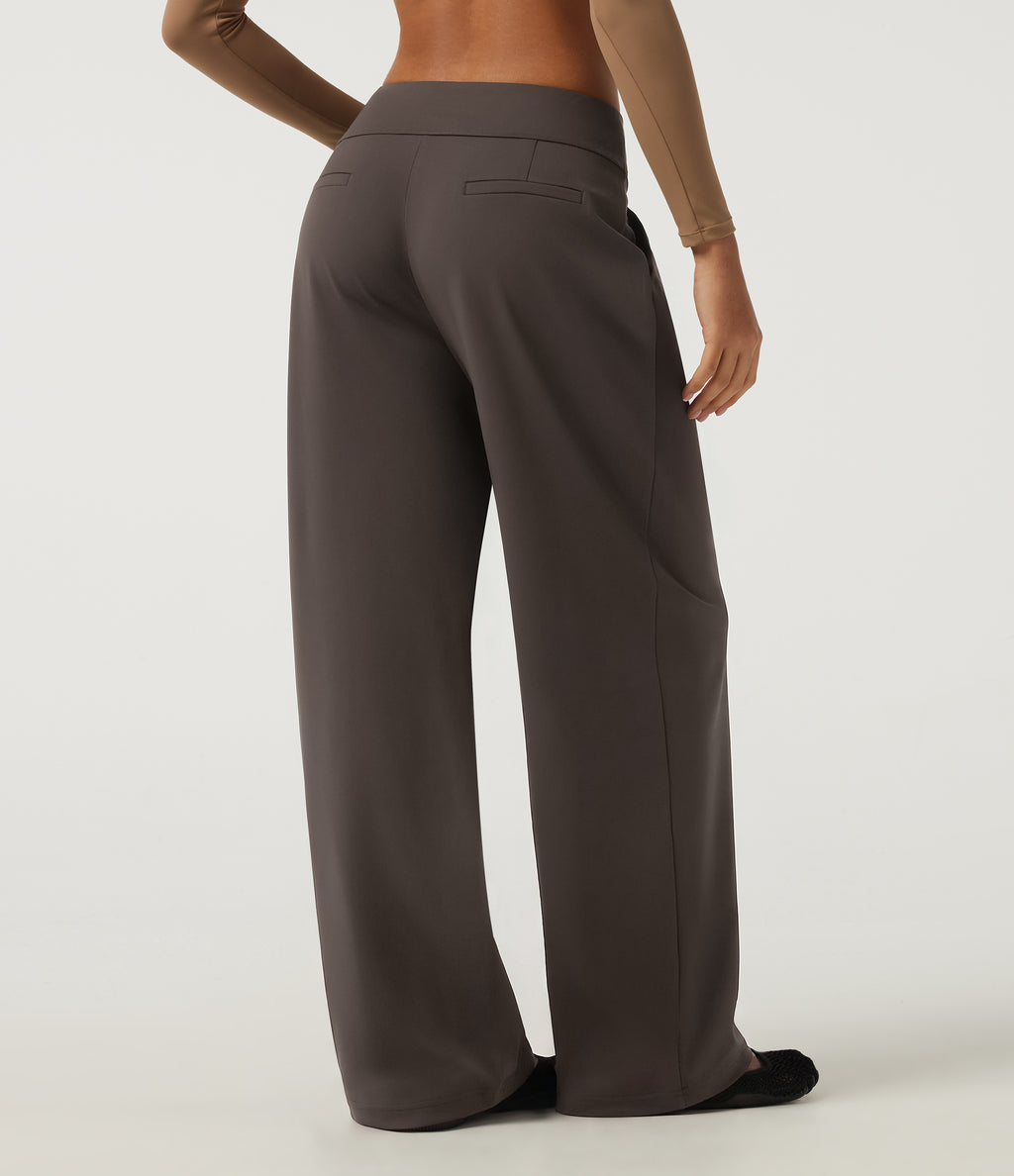 High Waisted Wide Leg Yoga Trousers with Pockets — Chocolate Brown — view 2