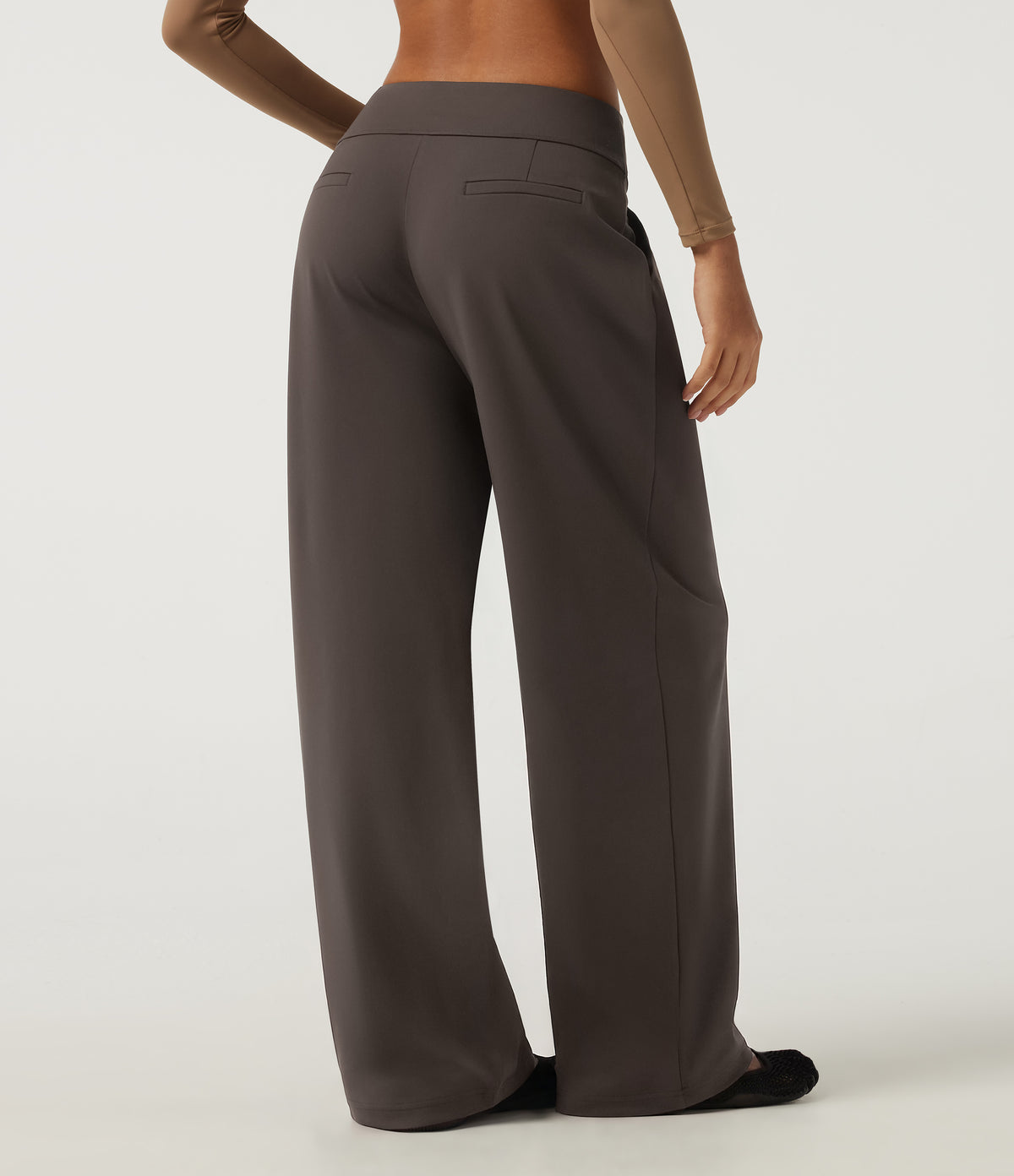 High Waisted Wide Leg Yoga Trousers with Pockets — Chocolate Brown — view 2