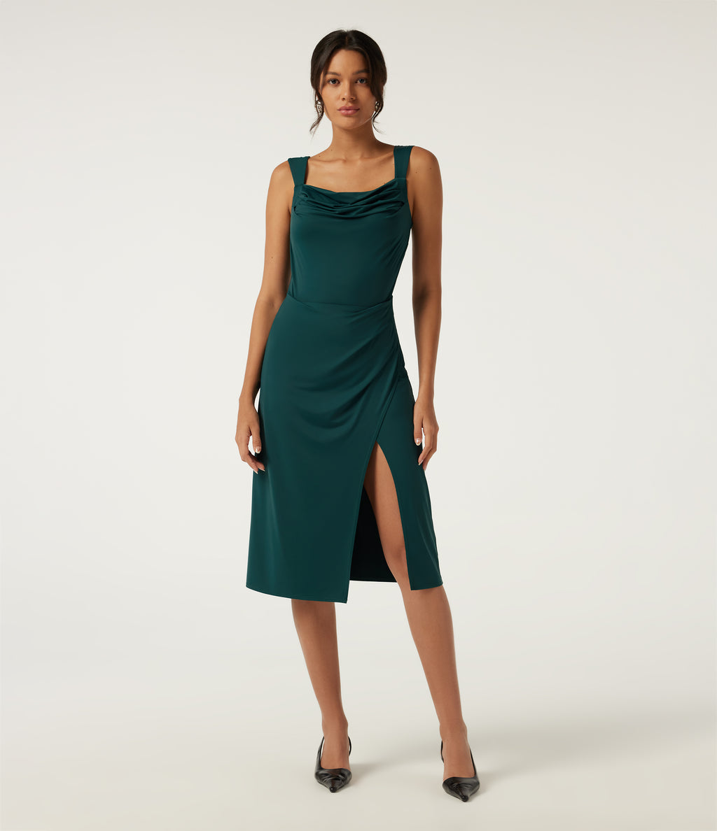 Cowl Neck Sleeveless Split Hem Party Midi Dress with Built-in Bra, Built-in Shorts and Pockets - Edition — Verdigris — view 2